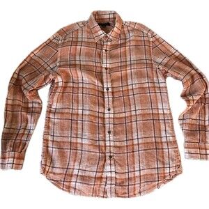 Banana Republic Mens Linen Shirt Medium Orange Rust Plaid Long Sleeve Button Dow